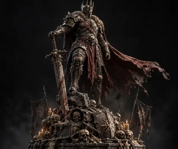 Dark fantasy armored warrior statue standing on a skull-covered pedestal in a black studio.