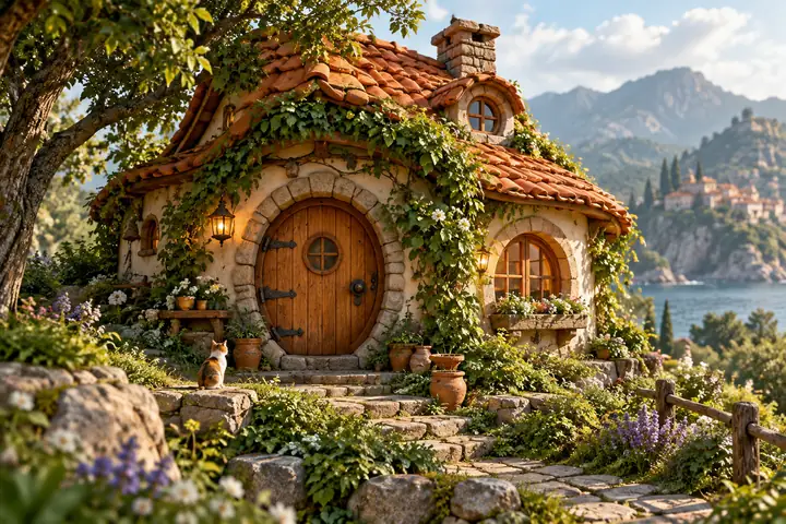 Whimsical miniature cottage with orange roof tiles, green vines, and a round wooden door.