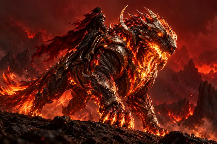 Fiery fantasy creature with glowing orange armor and a rider posed against a dark red background.