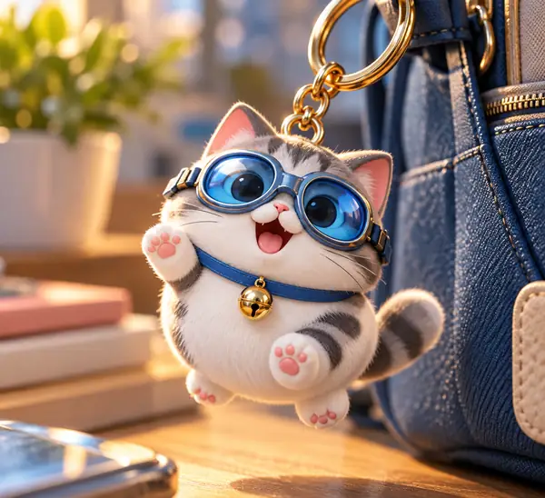 Playful round cat character wearing blue goggles as a colorful keychain render.