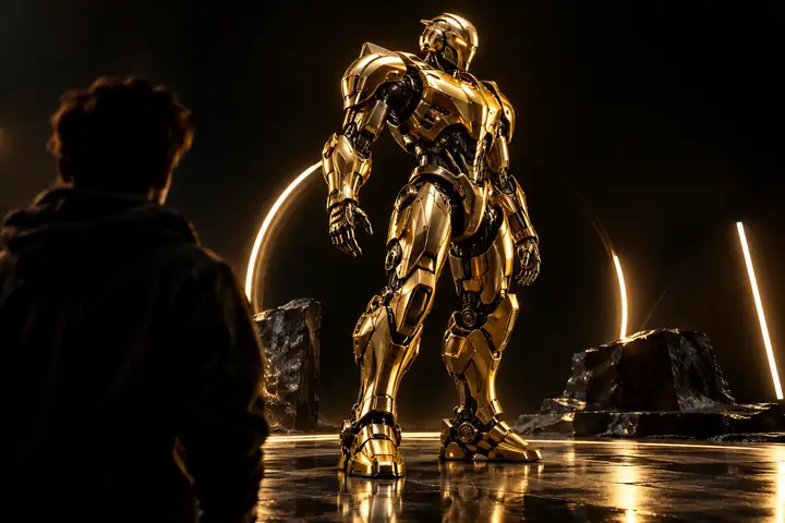 Glossy golden armored robot standing in a black studio with dramatic rim lighting.