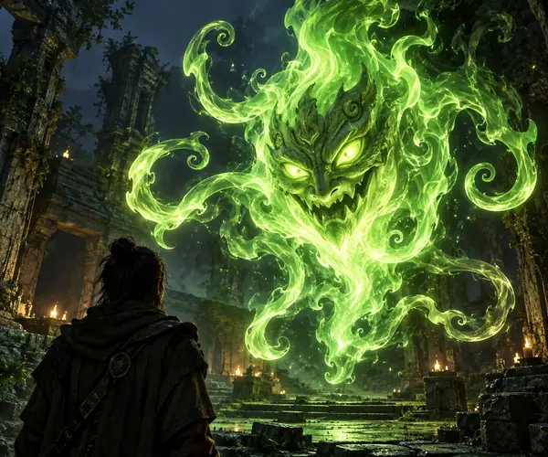 Luminous green flame spirit with curling tendrils and a carved expressive face.