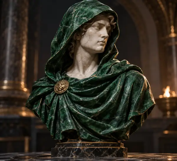 Elegant marble bust of a hooded figure draped in a rich emerald cloak with carved folds.