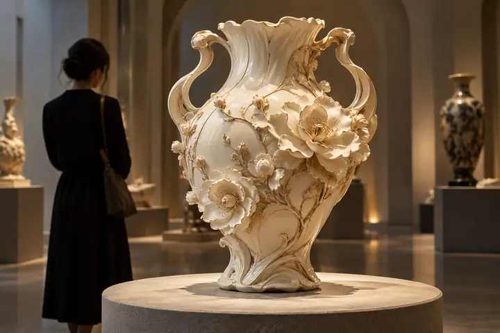 Ornamental cream ceramic vessel with sculpted flowers and a softly lit museum presentation.