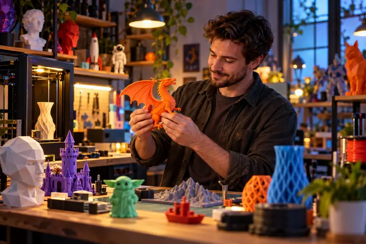 Portrait of a 3D printing hobbyist in a workshop filled with colorful objects.