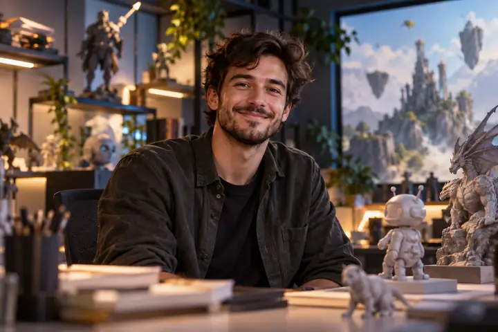Portrait of a smiling game developer in a softly lit studio.