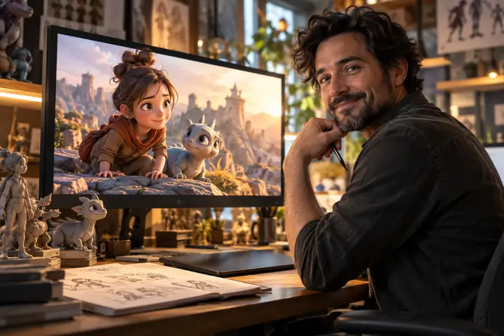 Portrait of an animation director beside a monitor showing a character scene.