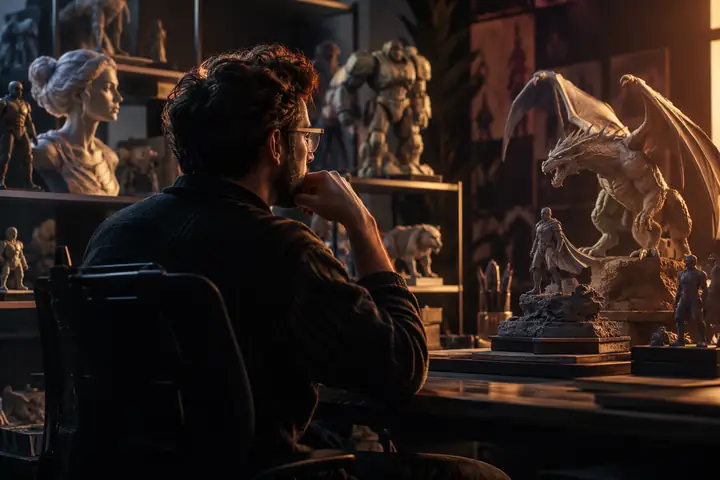 Portrait of a creative director in a dark studio with warm rim lighting.