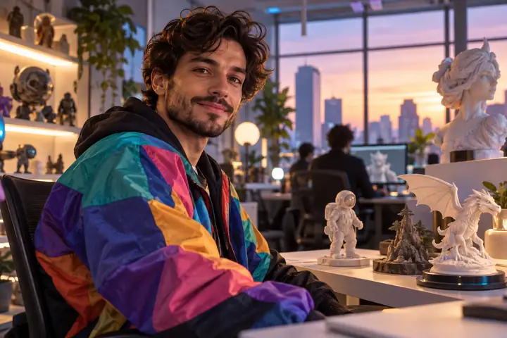 Portrait of an AR developer wearing a colorful jacket in a modern workspace.