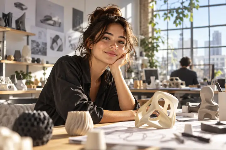 Portrait of an industrial designer with a bright workspace behind her.