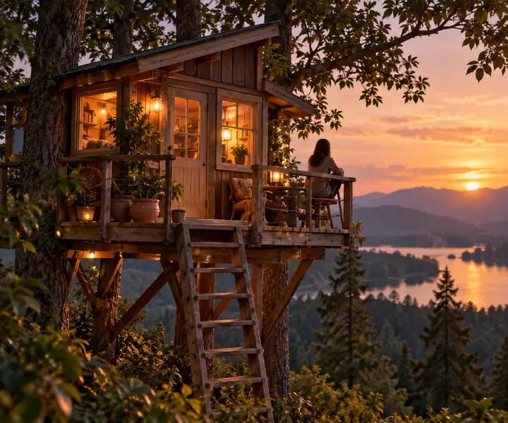 Small wooden treehouse on stilts with a slanted roof, ladder, and warm window light.